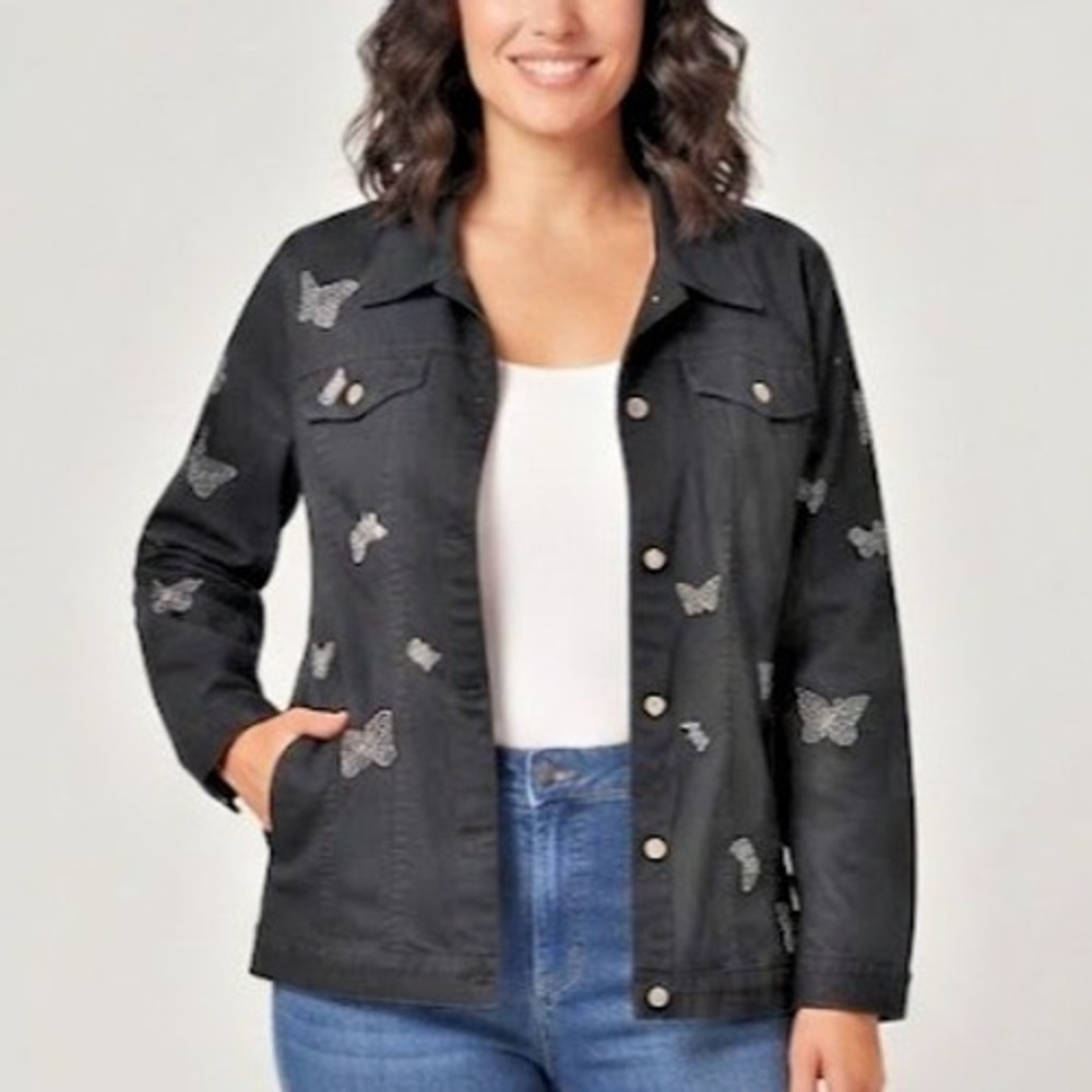 The Quacker Factory Womens Black Rhinestone Butterfly Jean Jacket 2X‎ Plus Size